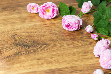 Flower tea rose buds on old wooden table