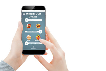 Food ofredring on smartphone in female hands isolated on white background