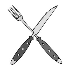 Crossed Fork over Steak Knife. Food Icon. Realistic Doodle Cartoon Style Hand Drawn Sketch Vector Illustration.Isolated On a White Background.