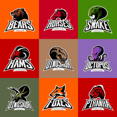 Bear, horse, snake, ram, fox, piranha, dinosaur, octopus head isolated vector logo concept. 
Modern badge mascot design. Premium quality wild animal, fish, reptile t-shirt tee print illustration.