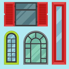 Different types house windows elements flat style frames construction decoration apartment vector illustration.