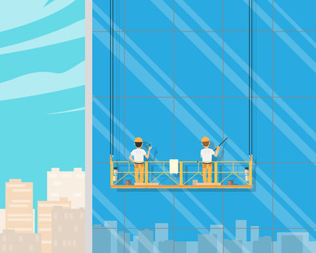 Workers wash on the outer wall of the window house in cradle. Vector illustration