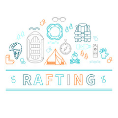 Vector illustration with rafting and camping equipment in linear design