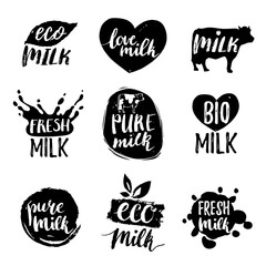 Vector hand drawn milk logotypess. Signs set for dairy produce. Tags collection for products packaging, advertising etc.