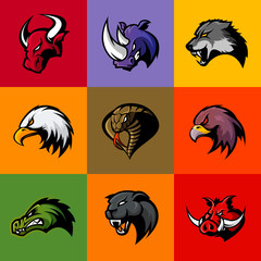 Bull, rhino, wolf, eagle, cobra, alligator, panther, boar head isolated vector logo concept. 
Modern badge mascot design. Premium quality wild animal, bird, snake t-shirt tee print illustration.