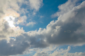 Dark,swirling clouds in the blue sky.