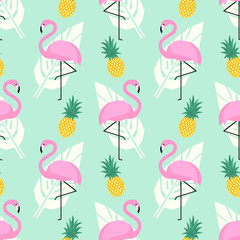 Obraz premium Tropical trendy seamless pattern with pink flamingos, pineapples and palm leaves on mint green background. Exotic Hawaii art background. Design for fabric, wallpaper, textile and decor.