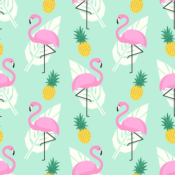 Tropical trendy seamless pattern with pink flamingos, pineapples and palm leaves on mint green background. Exotic Hawaii art background. Design for fabric, wallpaper, textile and decor.
