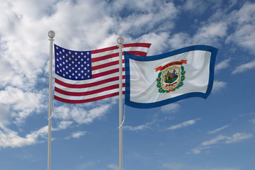 West Virginia and USA flag waving in the sky
