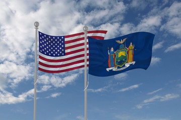 New York and USA flag waving in the sky