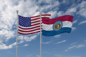 Missouri and USA flag waving in the sky