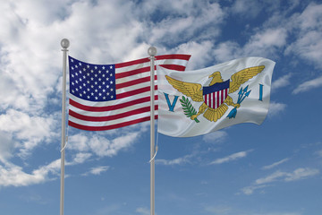 Virgin Islands and USA flag waving in the sky