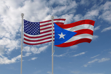 Puerto Rico and USA flag waving in the sky