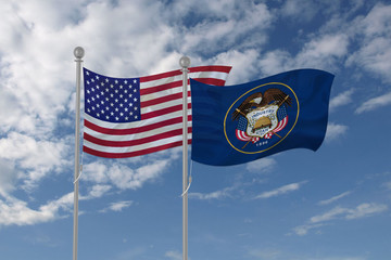 Utah and USA flag waving in the sky