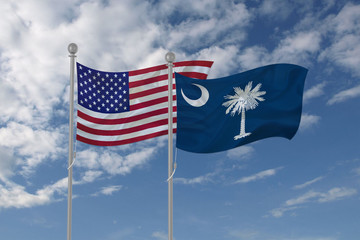 South Carolina and USA flag waving in the sky