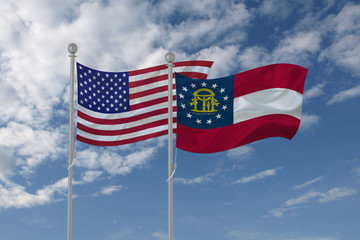 Fototapeta premium Georgia and USA flag waving in the sky