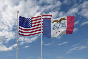 Iowa and USA flag waving in the sky