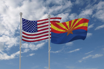 Arizona and USA flag waving in the sky