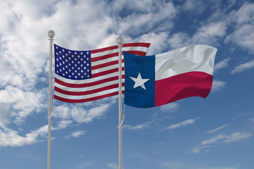 Texas and USA flag waving in the sky