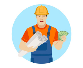 Builder holding the project plans and showing cash money