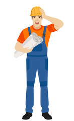 Builder holding the project plans and grabbed his head