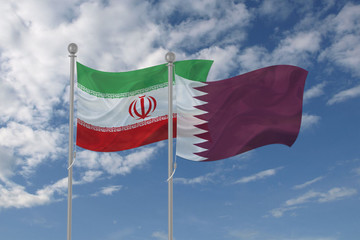 Iran and Qatar flag waving in the sky