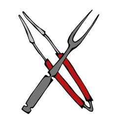 Barbecue Grill Tools Crossed Fork and Tongs. Isolated On a White Background. Realistic Doodle Cartoon Style Hand Drawn Sketch Vector Illustration.