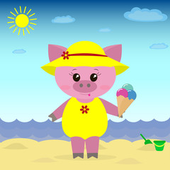 Obraz na płótnie Canvas Cute piggy on the beach wearing a hat, bathing suit and ice cream in cartoon style. / Illustration of a cute piggy on the beach with ice cream.