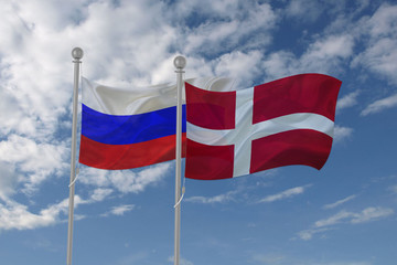 Fototapeta na wymiar Russia and Denmark flag waving in the sky