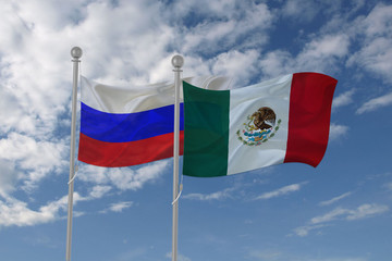 Russia and Mexico flag waving in the sky