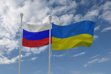 Russia and Ukraine flag waving in the sky