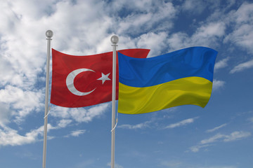 Turkey and Ukraine flag waving in the sky