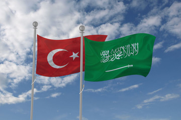 Turkey and Saudi Arabia flag waving in the sky
