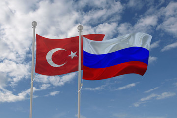 Turkey and Russia flag waving in the sky
