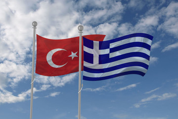 Turkey and Greece flag waving in the sky