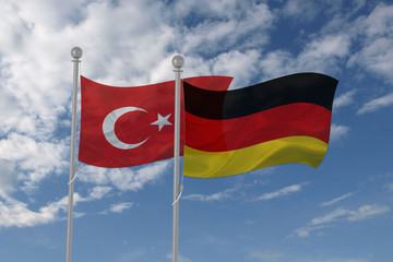Turkey and Germany flag waving in the sky