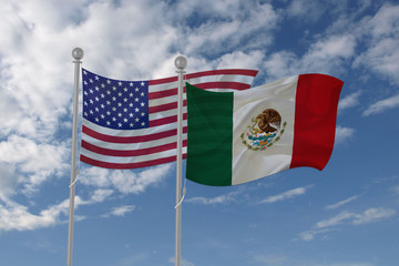 USA and Mexico flag waving in the sky