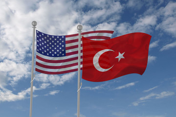 USA and Turkey flag waving in the sky
