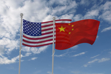 Obraz premium USA and China flag waving in the sky