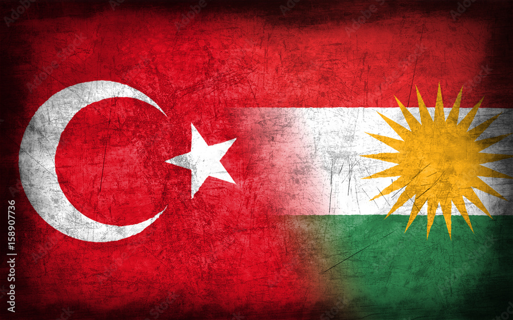 Wall mural Turkey and Kurdistan flag with grunge metal texture