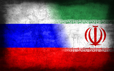 Russia and Iran flag with grunge metal texture
