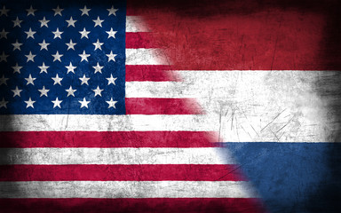 USA and Netherlands flag with grunge metal texture