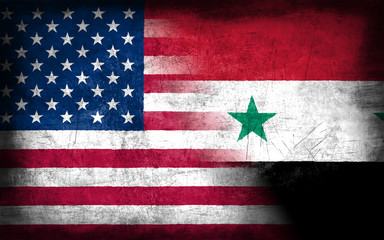 USA and Syria flag with grunge metal texture