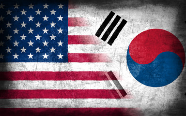 USA and South Korea flag with grunge metal texture