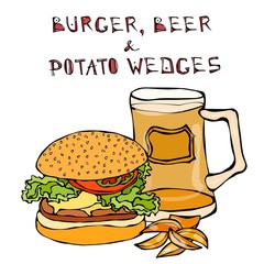 Big Hamburger or Cheeseburger, Beer Mug or Pint and Fried Potato. Burger Lettering. Isolated On a White Background. Realistic Doodle Cartoon Style Hand Drawn Sketch Vector Illustration.