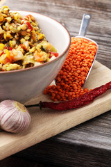 Lentil curry salad with carrot, cauliflower, broccoli and onion