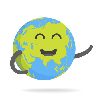 Cute cartoon earth character. World map globe with smiley face and hands vector illustration