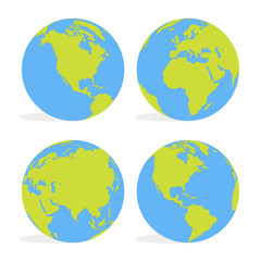 Green and blue cartoon world map globe set vector illustration