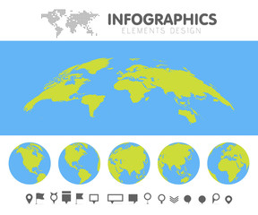 Green and blue cartoon world map globe and pins collection set. Template for infographics vector illustration