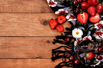 style boho and hippie fabrics, bracelets, necklaces, cherry and strawberry